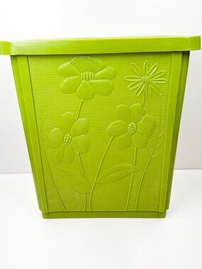 Vtg 60's 70's Avocado Floral Wastebasket Trash Garbage Can Bin Retro Flowers